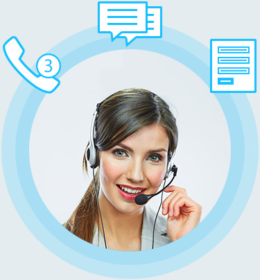 Virtual receptionist surrounded by floating icons of a phone, sms message, and documents